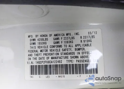 2012 Honda Accord 2.4 Se from USA, damaged, VIN 1HGCP2F68CA122492